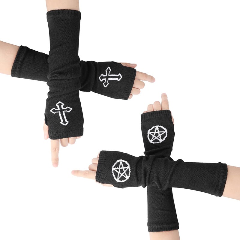 XEPST 2 Pairs Goth Arm Sleeve Fingerless Gloves for Women, Winter Arm Warmers Black Gloves Mittens Punk Gothic Wrist Gloves with Thumb Holes for Women Girls Halloween Costume Cosplay Accessories - Image 1